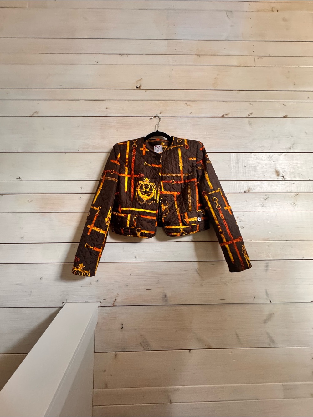 Mondi Cropped Quilted Blazer in Brown with Yellow & Orange Print